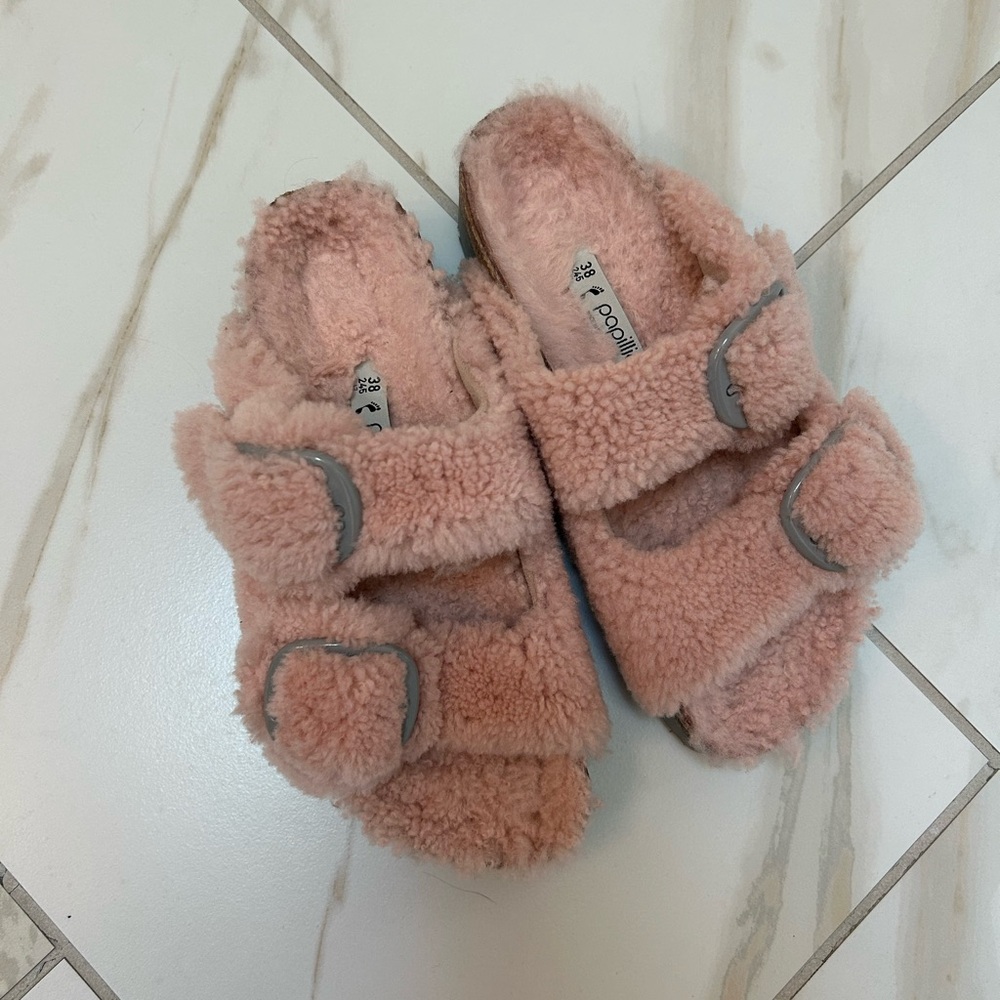 Papillio by Birkenstock Pink Fuzzy Sandals with Adjustable Straps